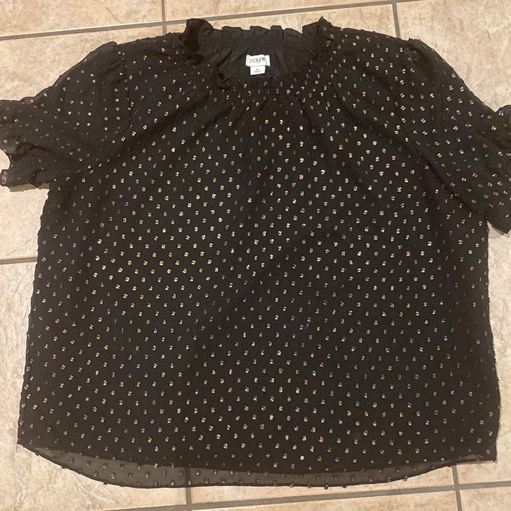 J. Crew black  top with gold shimmer polka dots. Ruffle neck & sleeves XL